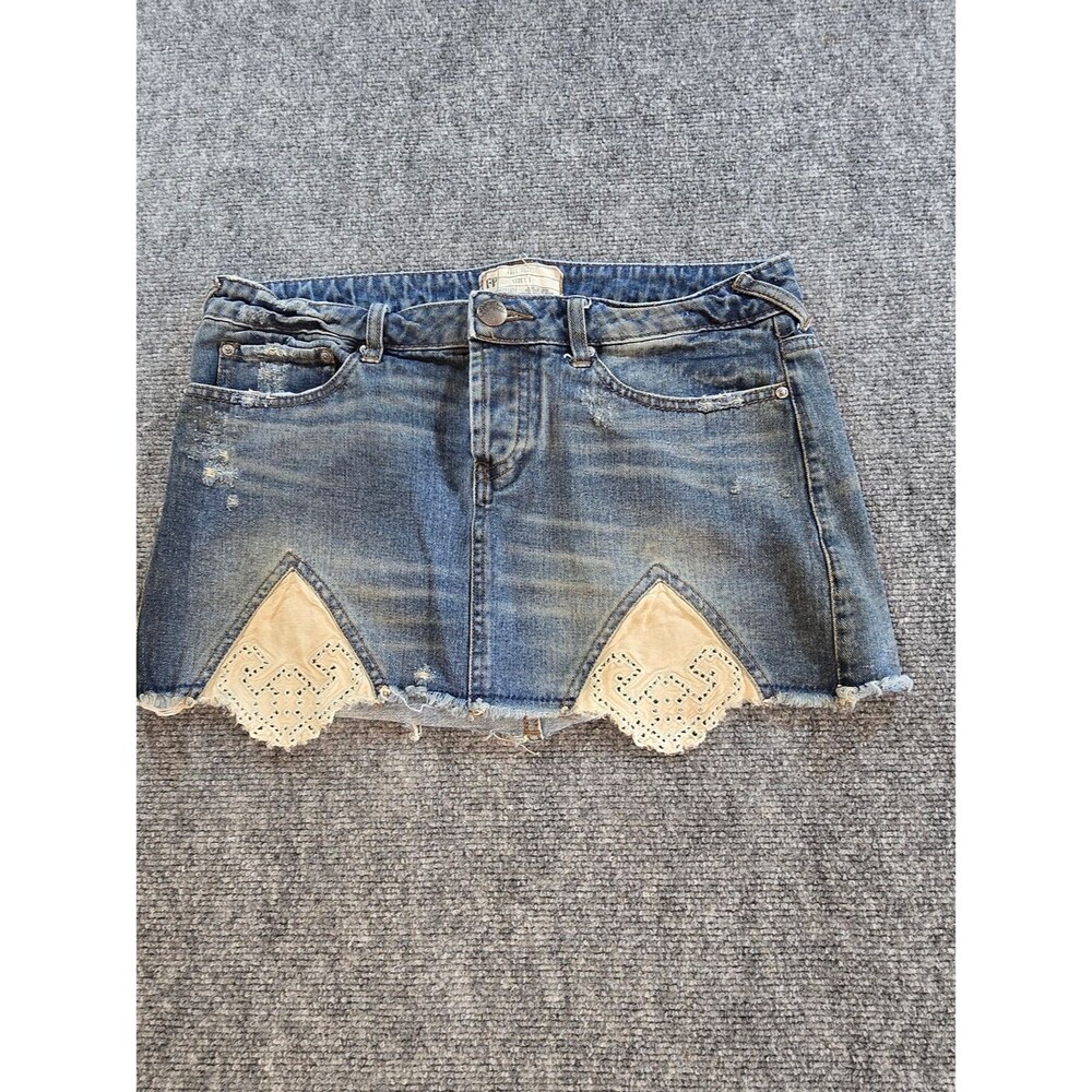 Free People Denim Mini Skirt Womens 6 Blue Lace Inset Boho Festival